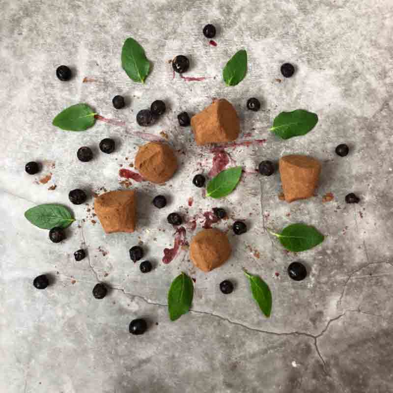 Schokoladentrüffel, Beeren und Blätter auf grauem Hintergrund.