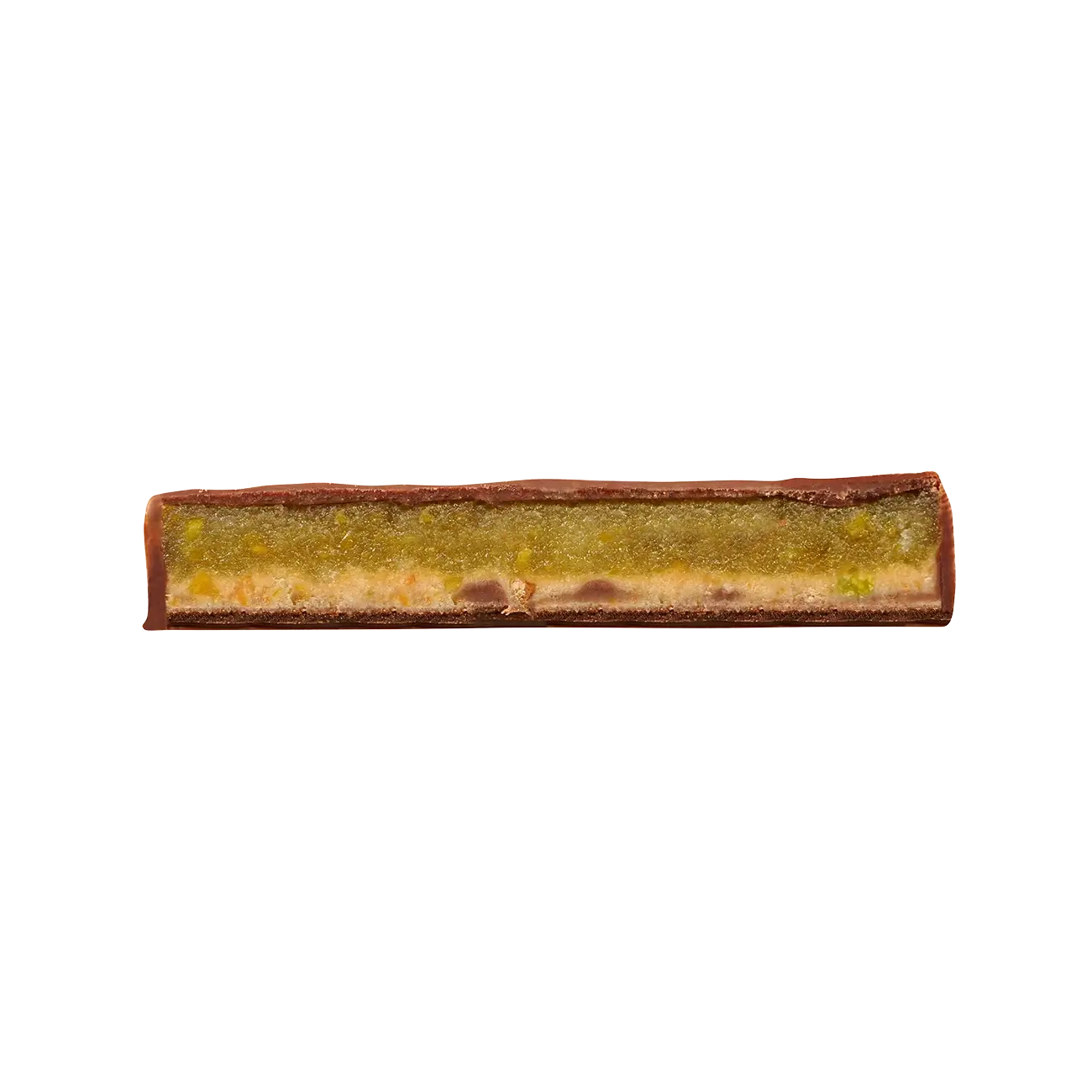 Praline mit Pistazienfüllung, Querschnitt.
