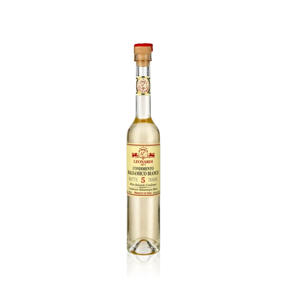 Leonardi Condimento Bianco Balsamico Flasche vor schwarzem Hintergrund.