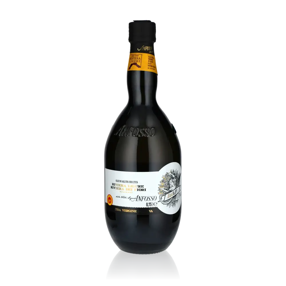 Anfosso Olivenöl Flasche mit Etikett und Siegel.