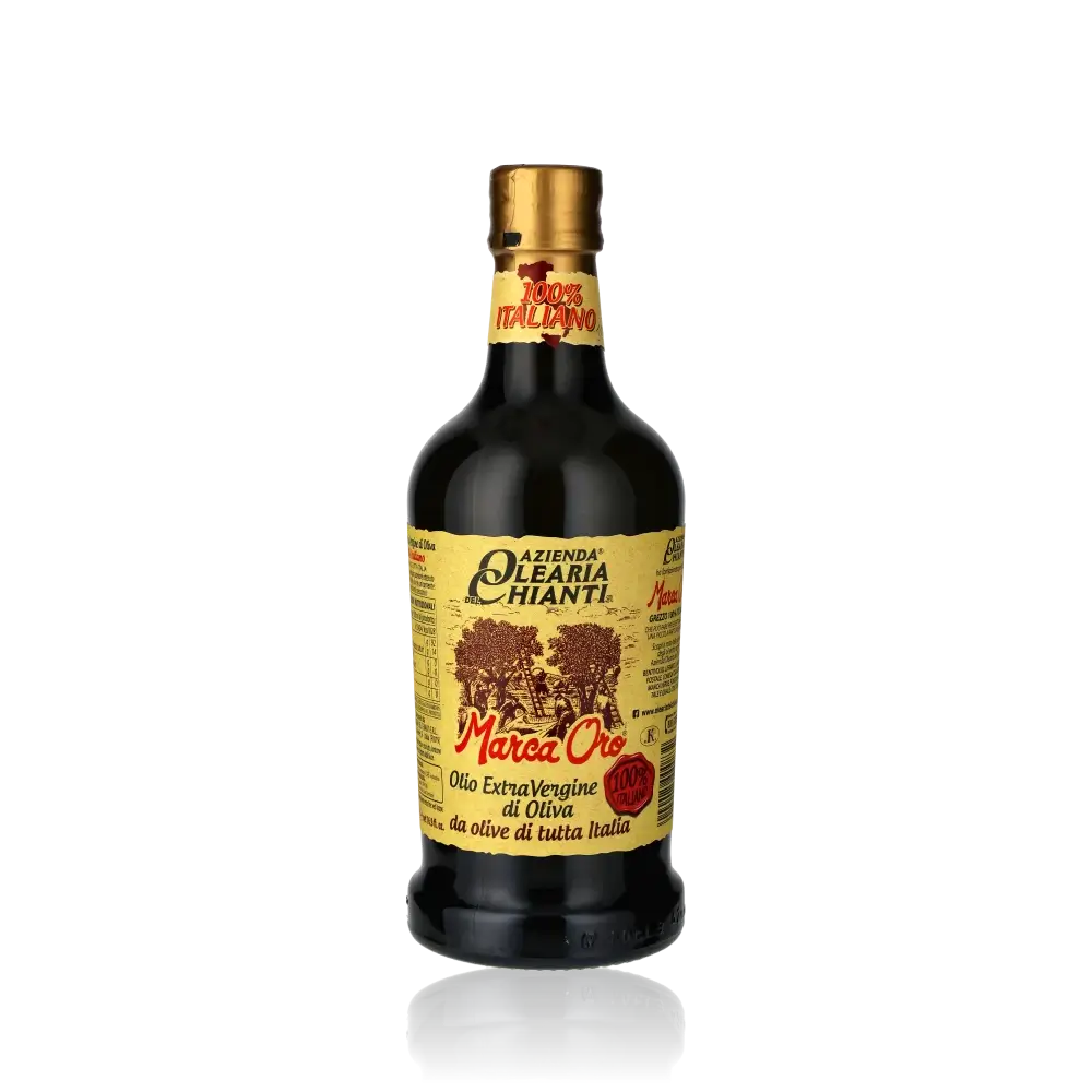 Flasche Azienda Olearia Chianti Olivenöl auf schwarzem Hintergrund.