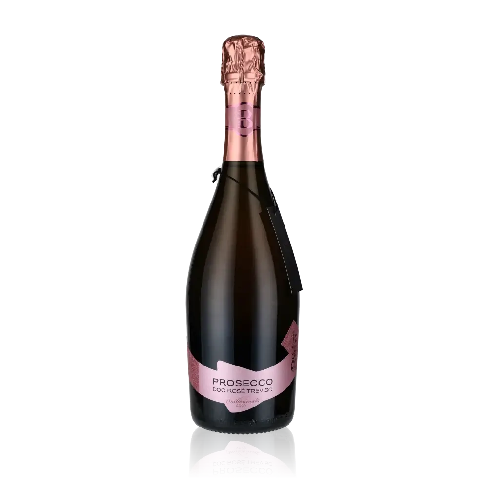 Prosecco DOC Rosé Treviso Brut Flasche vor schwarzem Hintergrund.