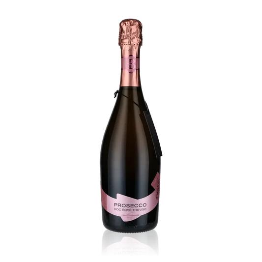 Prosecco DOC Rosé Treviso Brut Flasche vor schwarzem Hintergrund.