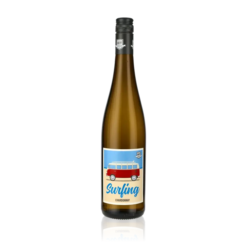 Weinflasche Surfing Chardonnay mit Etikett und schwarzem Verschluss.