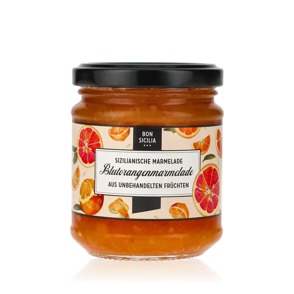 Bon Sicilia Blutorangenmarmelade Glas mit Etikett und Orangen.