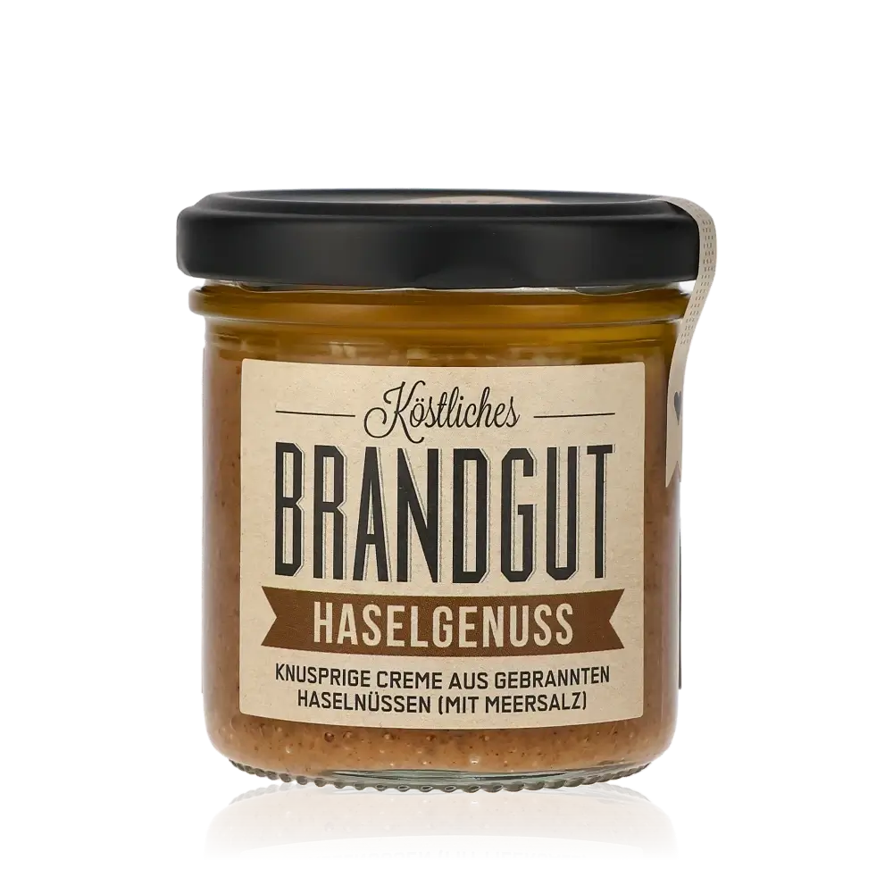 Brandgut Haselgenuss Brotaufstrich Glas mit Etikett.