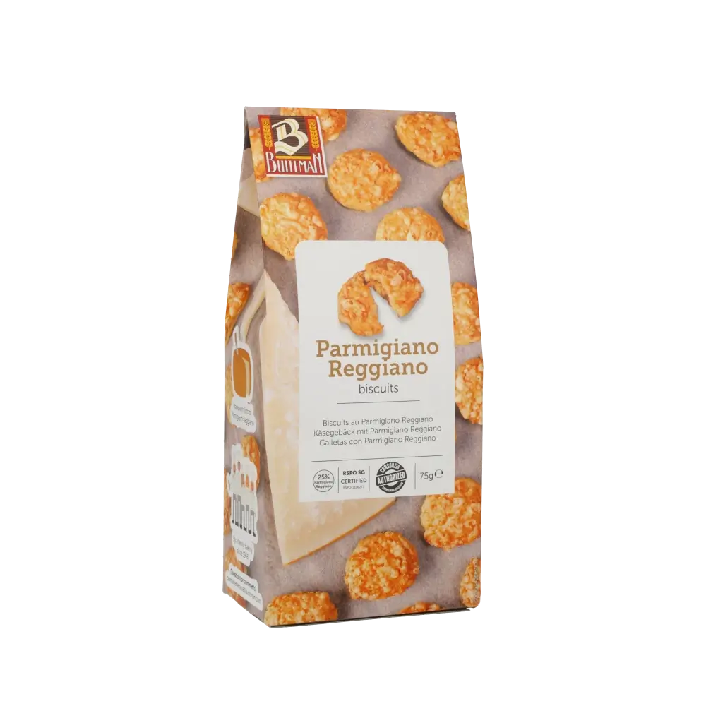Buiteman Parmigiano Reggiano Käsegebäck Verpackung mit Gebäckabbildungen.