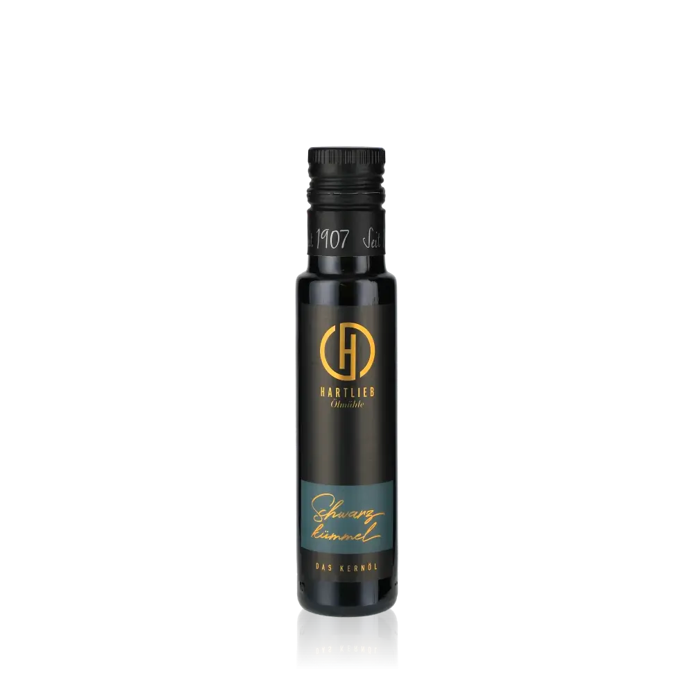 Hartlieb Schwarzkümmelöl Flasche, 100ml, schwarzes Etikett, Bio.