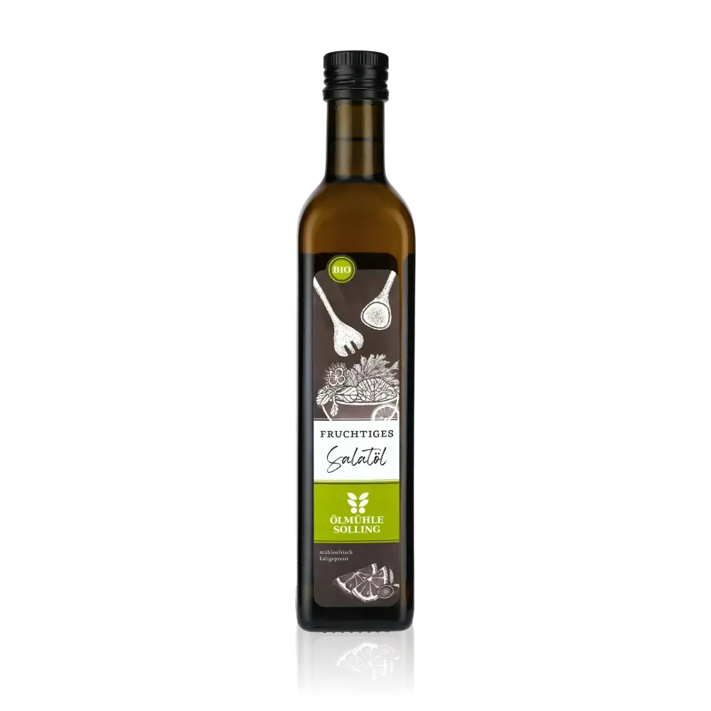 Ölmühle Solling Fruchtiges Salatöl Flasche vor schwarzem Hintergrund.