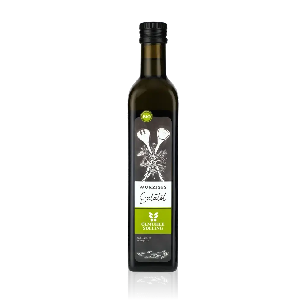 Flasche Olivenöl, Marke Ölmühle Solling, würziges Salatöl bio.
