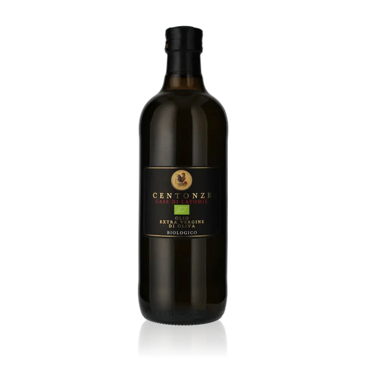 Flasche Centonze Bio-Olivenöl vor schwarzem Hintergrund.