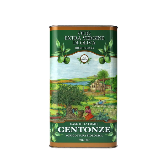 Centoze Bio Olivenöl Kanister mit Landschaftsillustration.