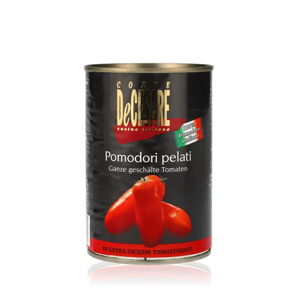 Conte DeCesare Pomodori pelati Dose mit Tomatenabbildung.