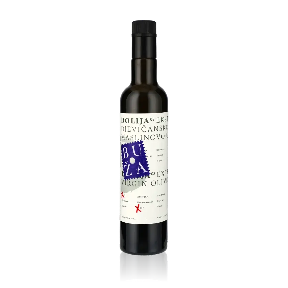 Dolija Buza Olivenöl Flasche vor schwarzem Hintergrund.