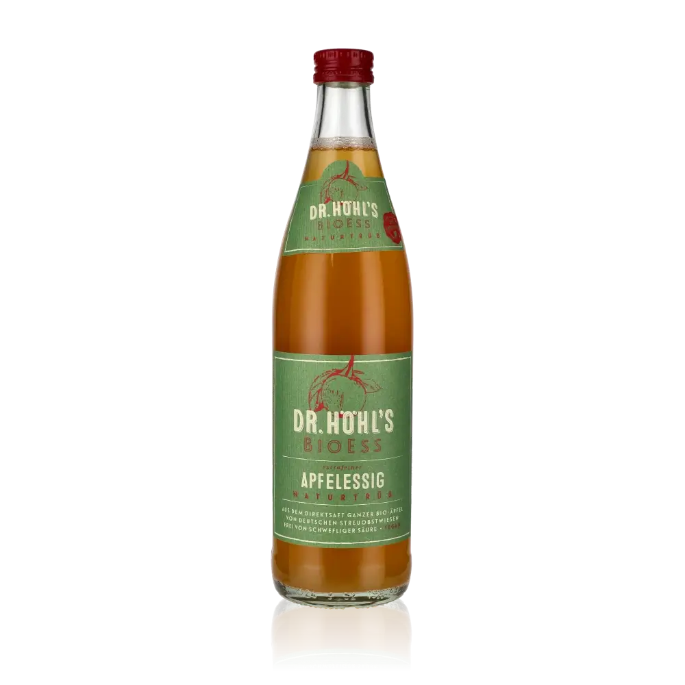 Dr. Höhl's Bioess Apfelessig Flasche vor schwarzem Hintergrund.