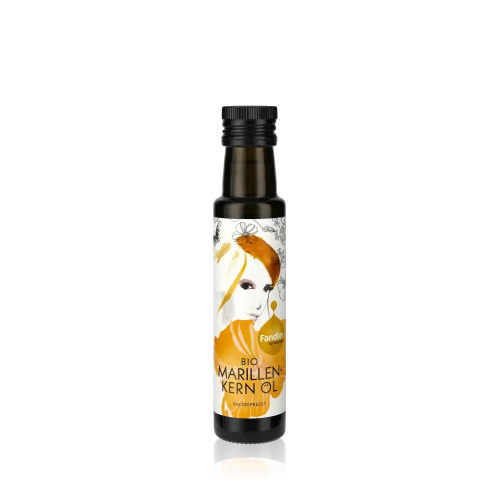 Fandler Bio Marillenkernöl Flasche vor schwarzem Hintergrund.