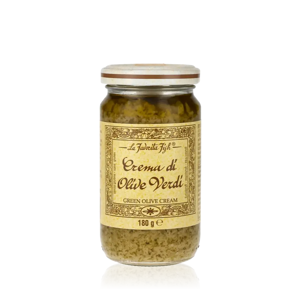 Glas mit La Favorita Feinkost Crema di Olive Verdi.