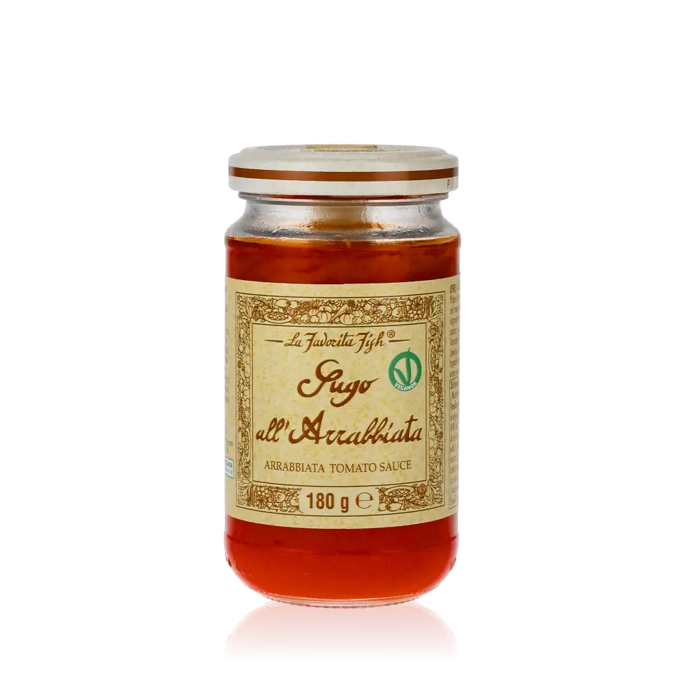 Sugo all' Arrabbiata von Favorita, würzige Tomatensauce mit Chili, ideal für Pasta-Gerichte. Hochwertige Feinkostsauce in 180g Glas.