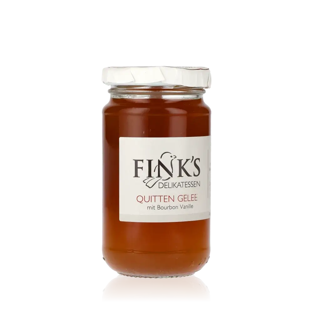 Fink's Delikatessen Quitten Gelee Glas mit Etikett.