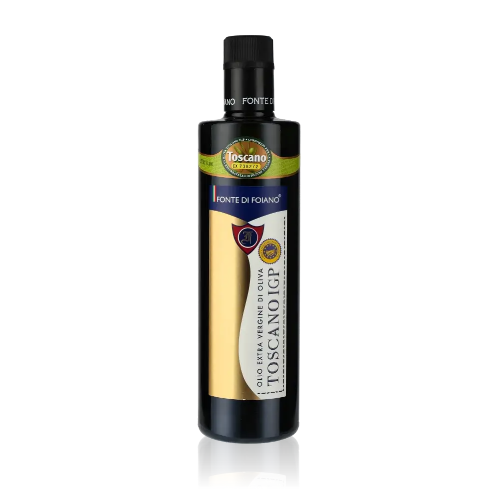 Fonte di Foiano Olivenölflasche mit Etikett und Logo.