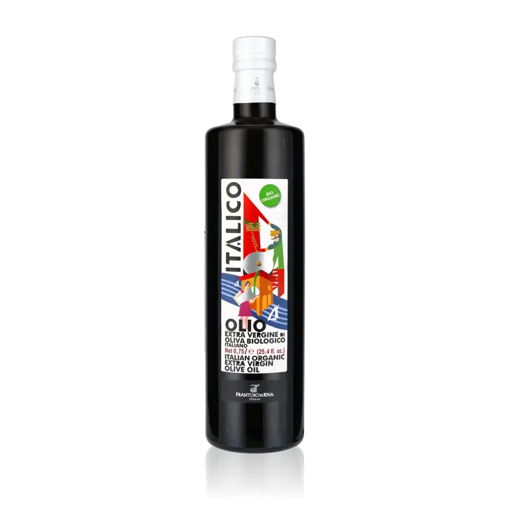 Italico Bio Olivenöl Flasche mit Etikett und Logo.