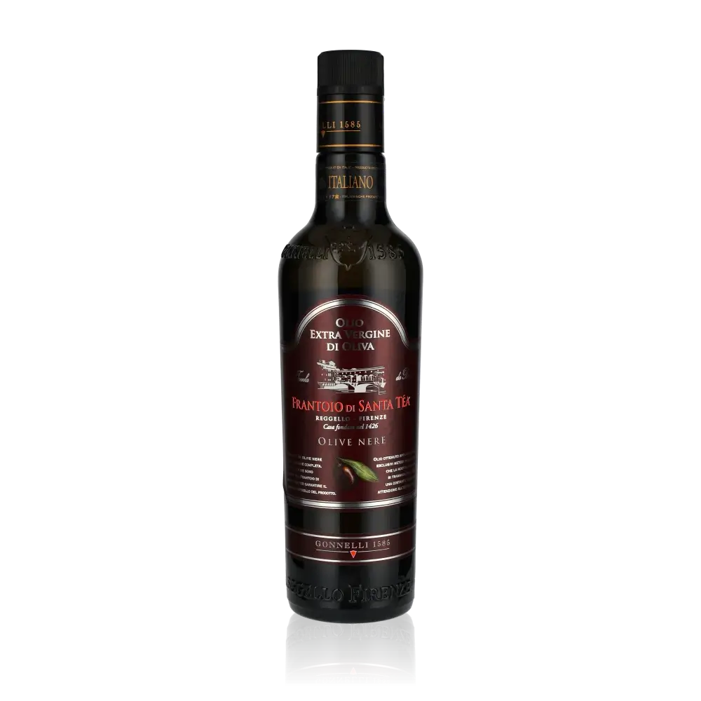 Flasche Frantoio di Santa Tea Olivenöl auf schwarzem Hintergrund.