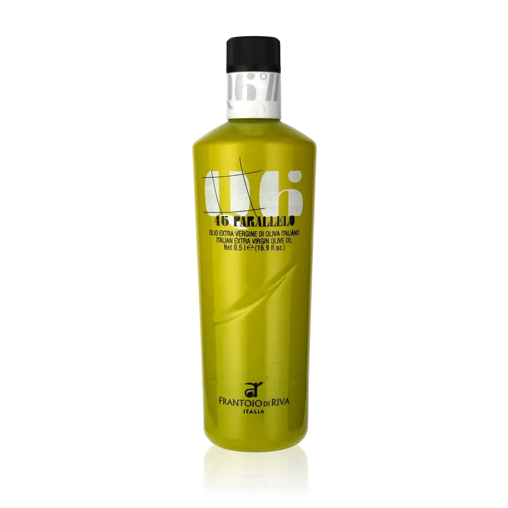 Frantoio di Riva Olivenölflasche mit grünem Etikett.