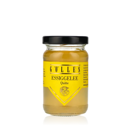 Gölles Essiggelee Quitte im Glas mit gelbem Etikett.