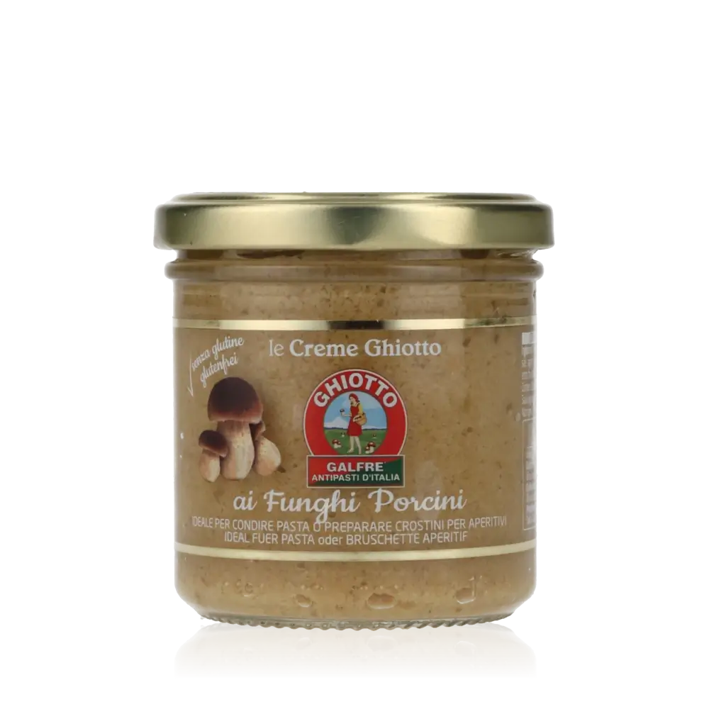 Ghiotto Creme Funghi Porcini Glas mit Pilzabbildung.