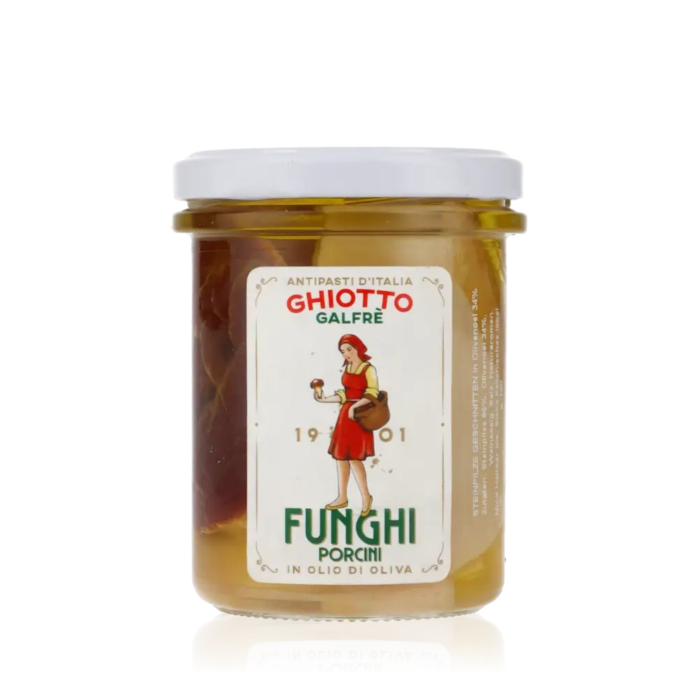 Ghiotto Galfrè geschnittene Steinpilze in Olivenöl Glas.