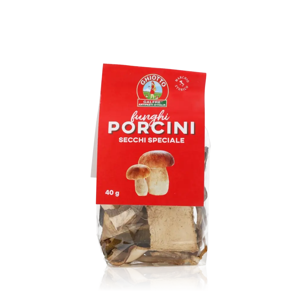 Ghiotto getrocknete Steinpilze Packung, 40g, rote Verpackung.