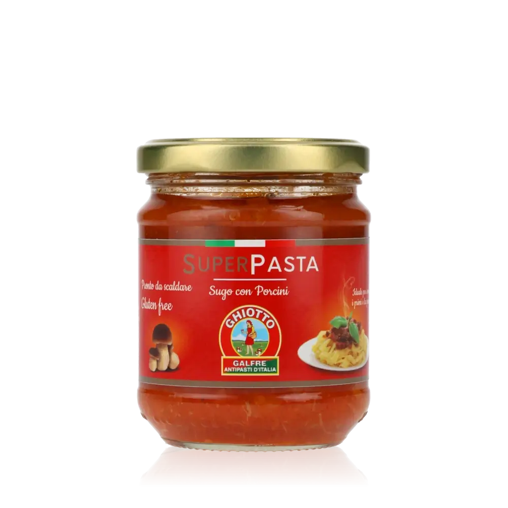 Ghiotto Super Pasta Sauce im Glas mit rotem Etikett.
