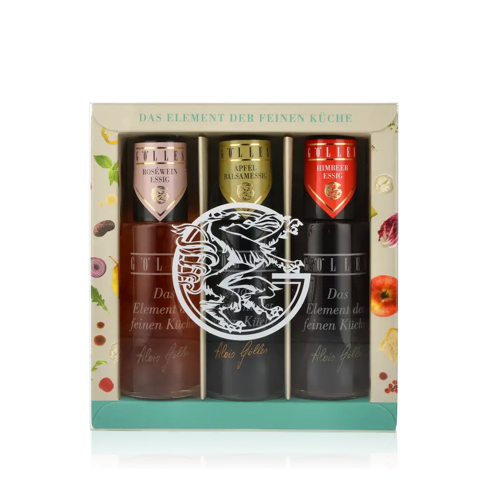 Gölles Essig Trio Geschenkset mit verschiedenen Essigsorten.