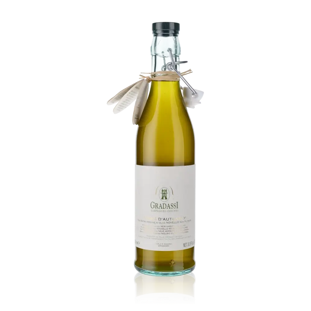 Gradassi Olivenöl Flasche mit Etikett und Verschluss.