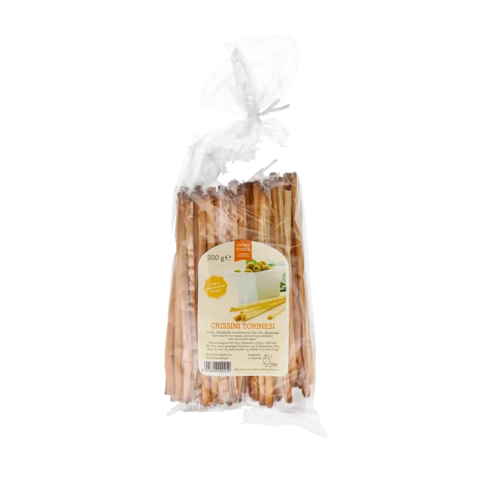 Grissini Torinesi Salzgebäck in transparenter Verpackung, 200g.