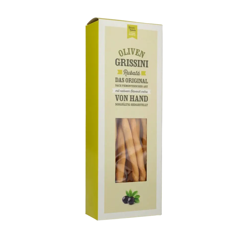 Oliven Grissini Verpackung mit Sichtfenster und Olivenabbildung.