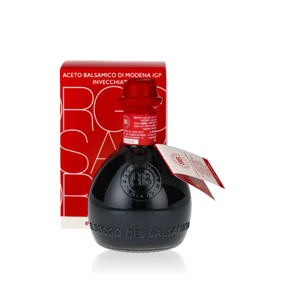 Il Borgo Balsamico Essigflasche mit rotem Etikett und Verpackung.