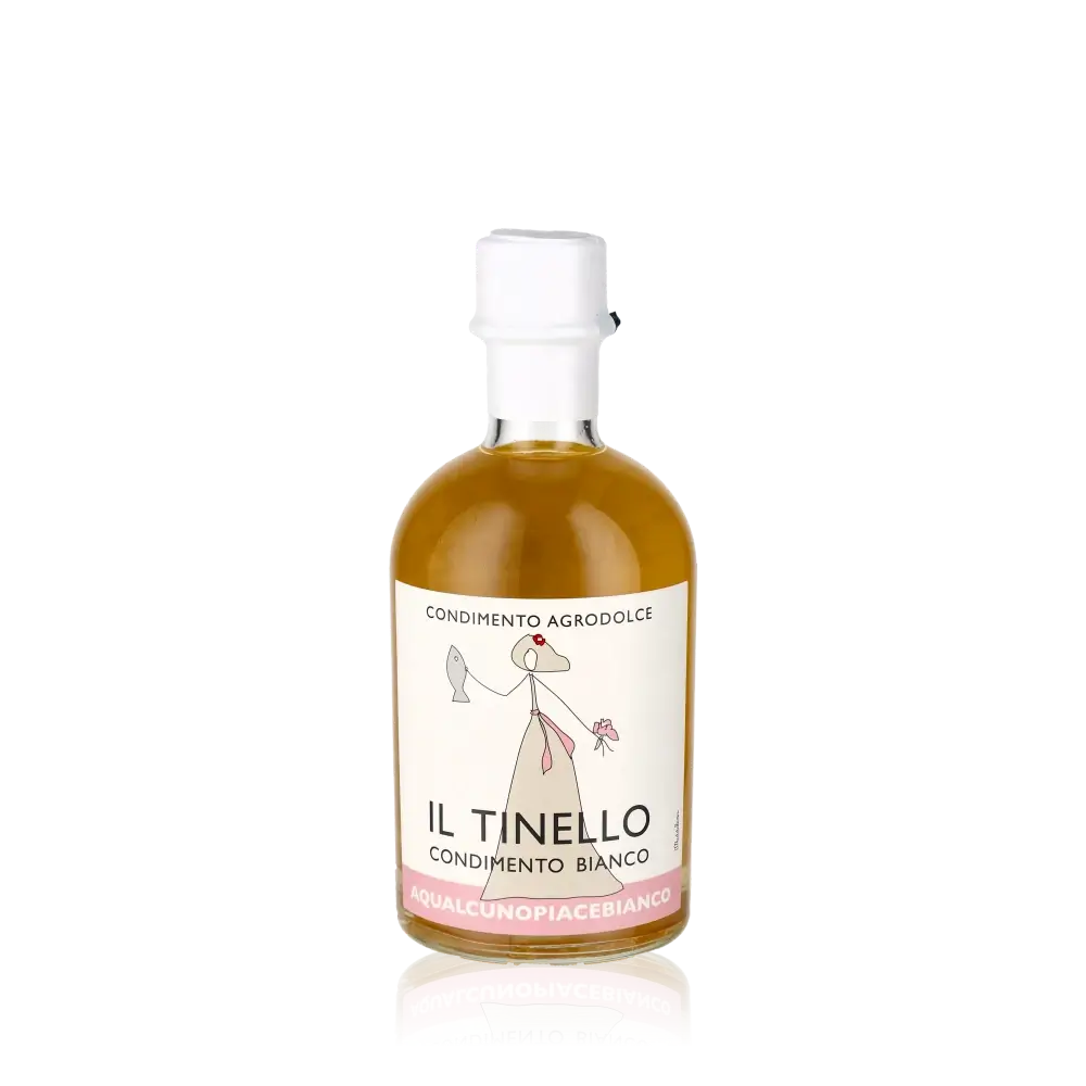 Il Tinello Condimento Bianco Flasche vor schwarzem Hintergrund.