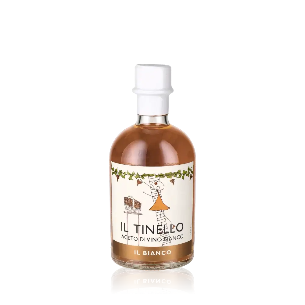 Weißweinessigflasche Il Tinello Il Bianco vor schwarzem Hintergrund.