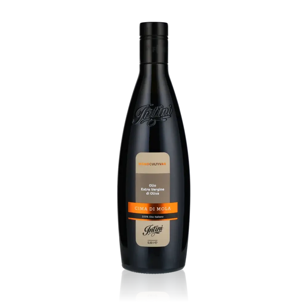 Intini Cima di Mola Olivenölflasche vor schwarzem Hintergrund.