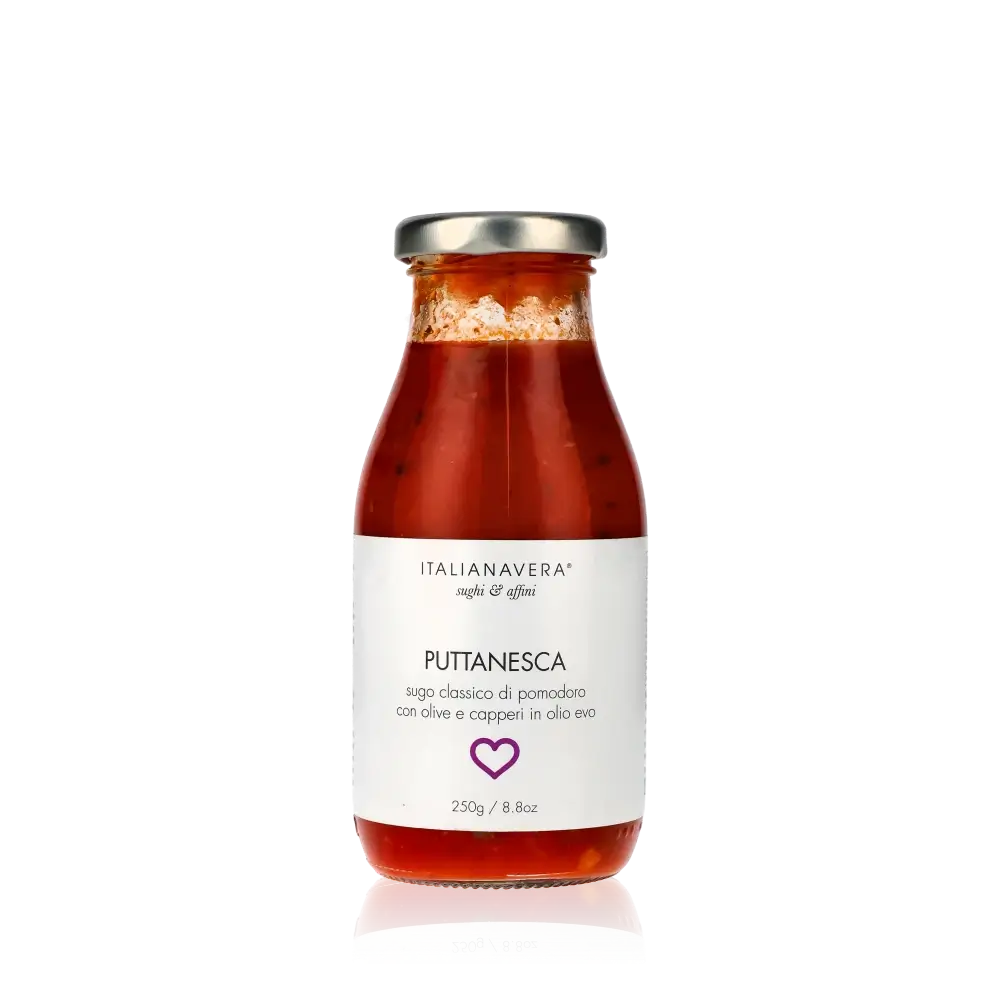 Sugo 'Puttanesca' von Italianavera – klassische Tomatensauce mit Oliven und Kapern in nativem Olivenöl.