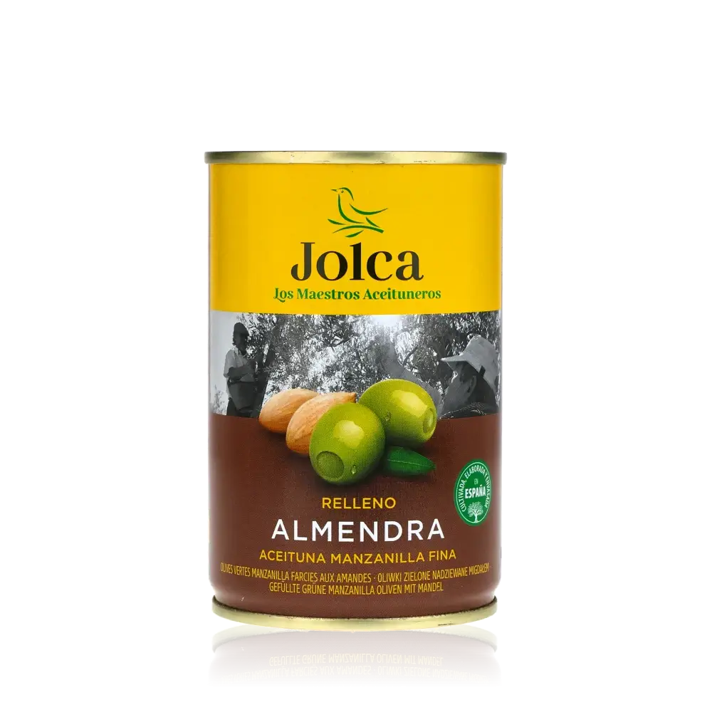 Jolca Oliven gefüllt mit Mandeln, Manzanilla, Spanien, Antipasti.