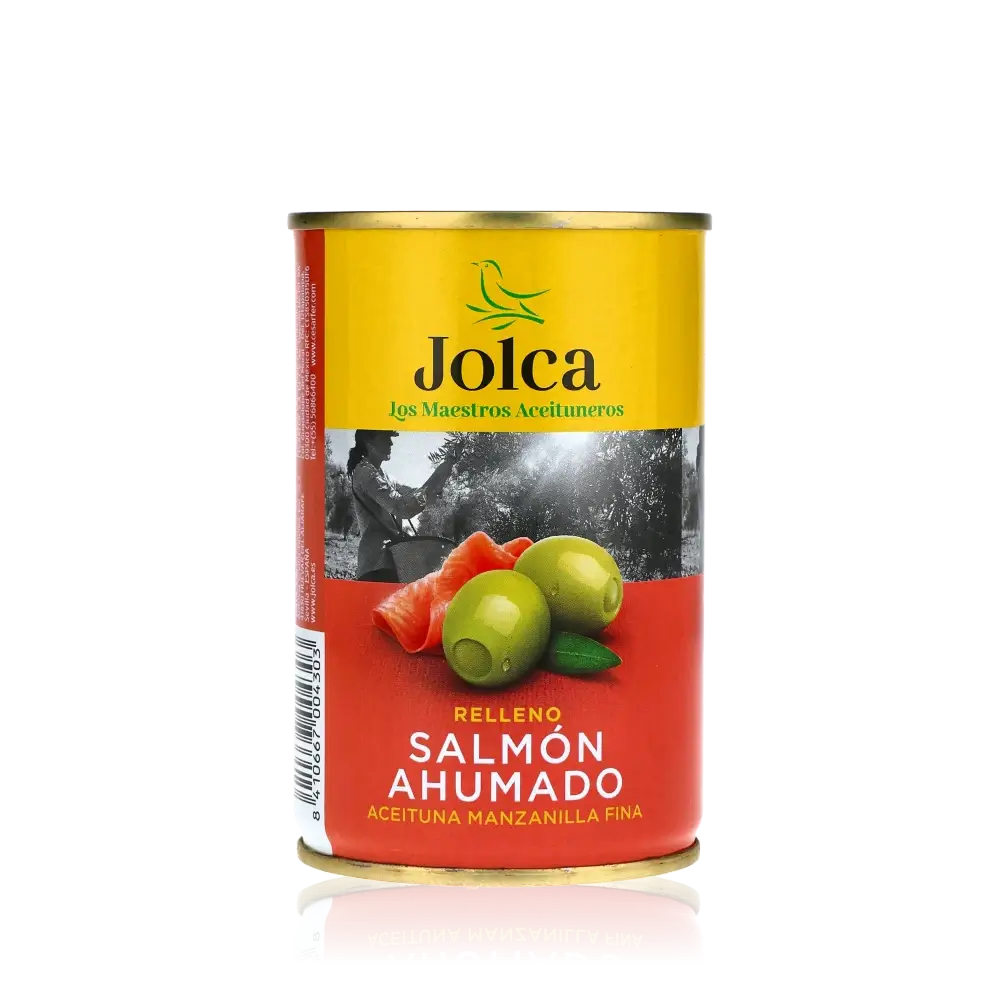 Jolca Oliven gefüllt mit geräuchertem Lachs, Spanien.