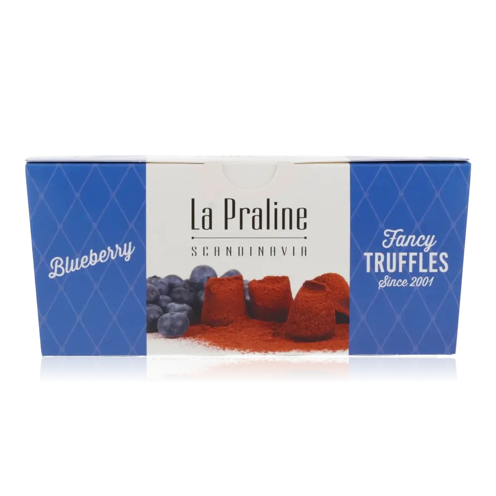 La Praline Trüffel Blaubeere Verpackung mit Trüffelabbildung.