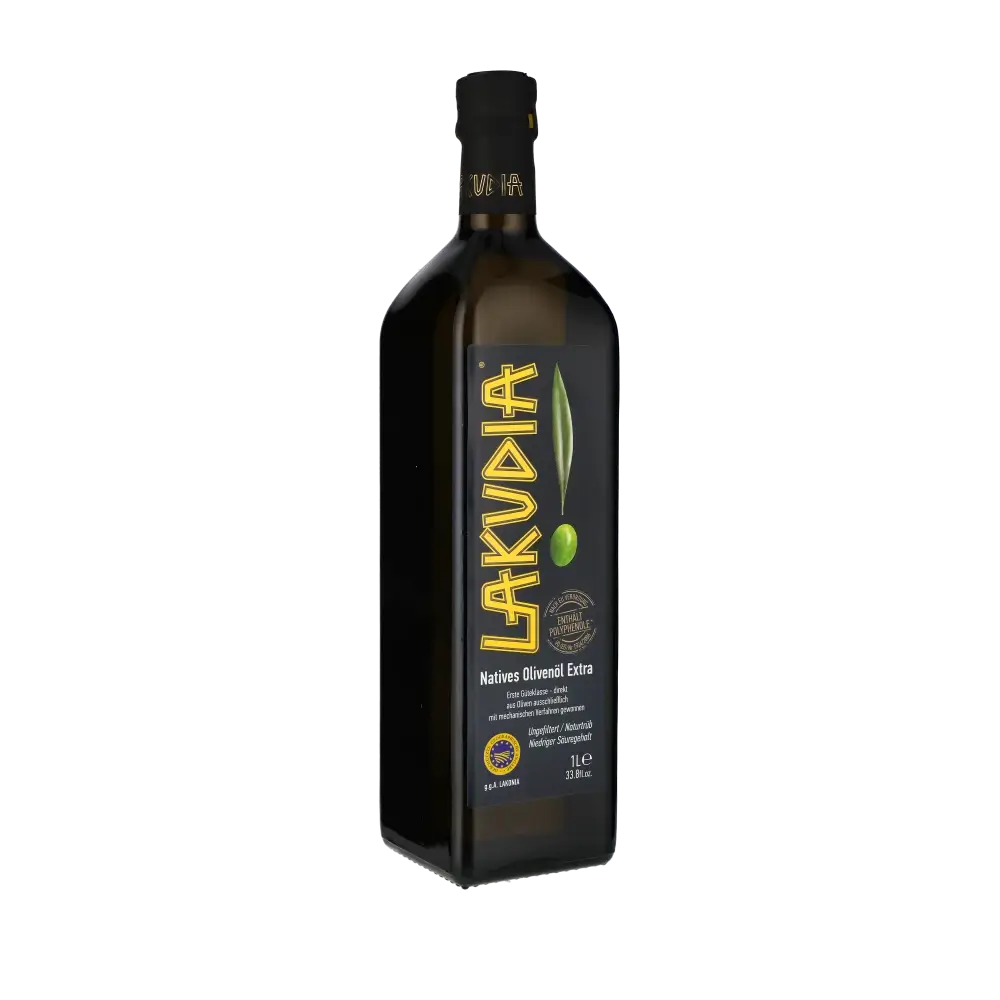 Flasche Lakudia Olivenöl Extra, naturtrüb, 1 Liter.