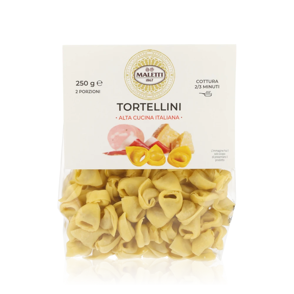 Tortellini-Verpackung mit Schinkenabbildung.