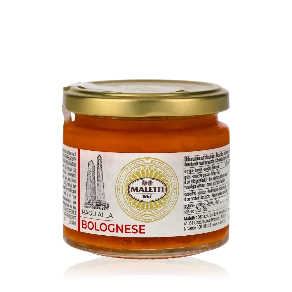 Feinkostglas mit Maletti Ragù alla Bolognese Etikett.