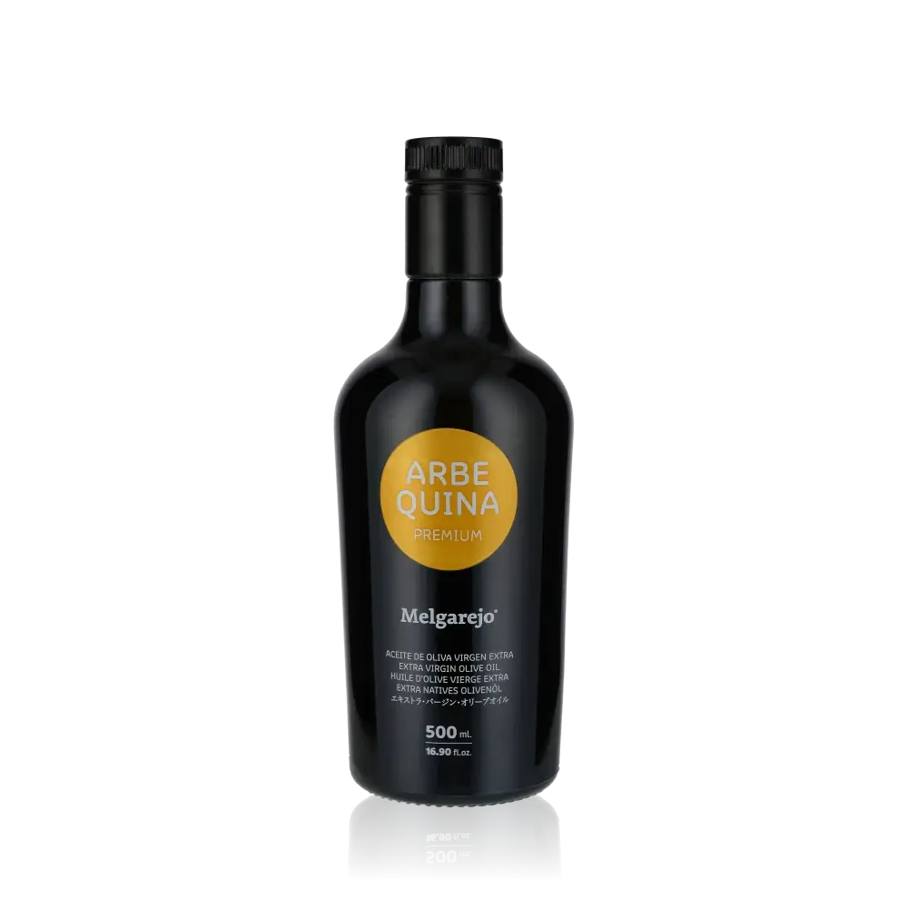 Melgarejo Arbequina Olivenölflasche, 500 ml, schwarzes Design.