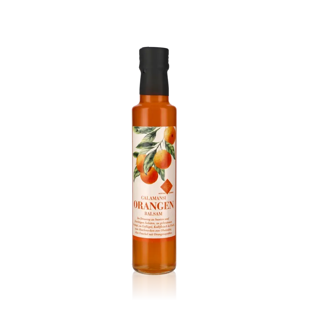 Murani Calamansi Orangen Balsamessig Flasche mit Etikett.