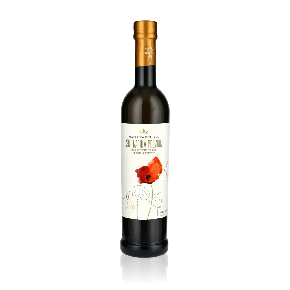 Olivenölflasche Nobleza del Sur Centenarium Premium auf schwarzem Hintergrund.